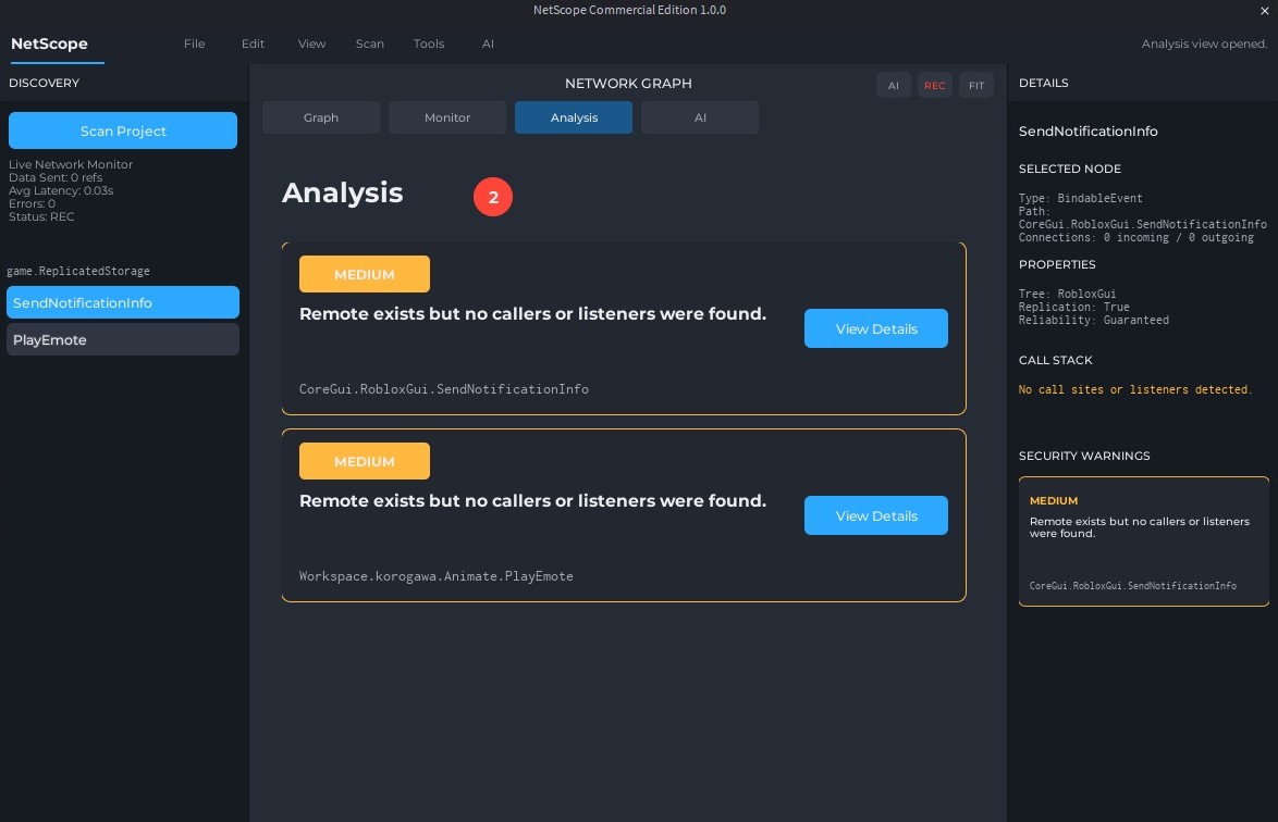 NetScope analysis view inside Roblox Studio